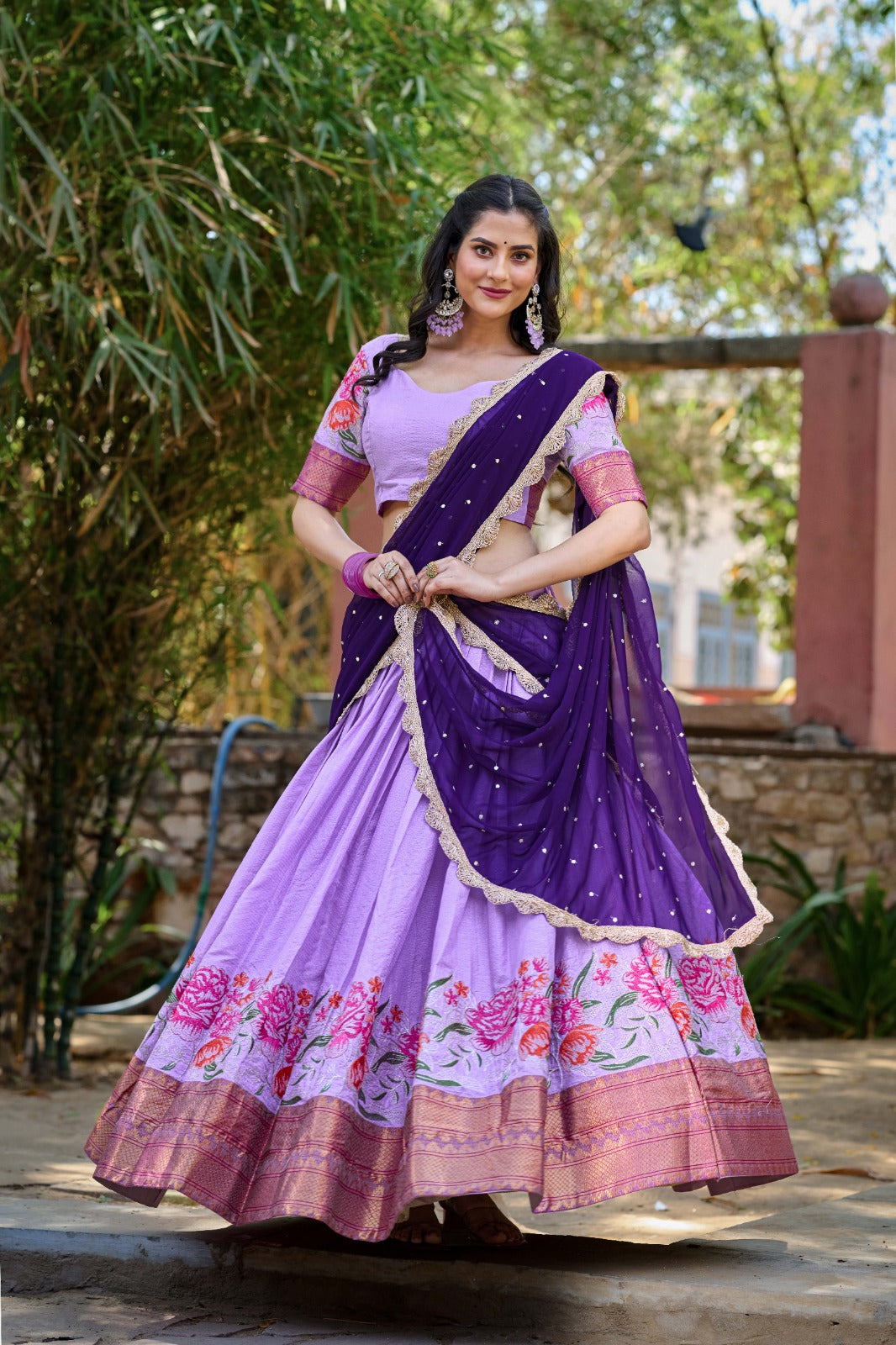 Stunning Cotton Silk Lehenga Featuring Detailed Thread Embroidery and a Beautifully Drape Georgette Dupatta.