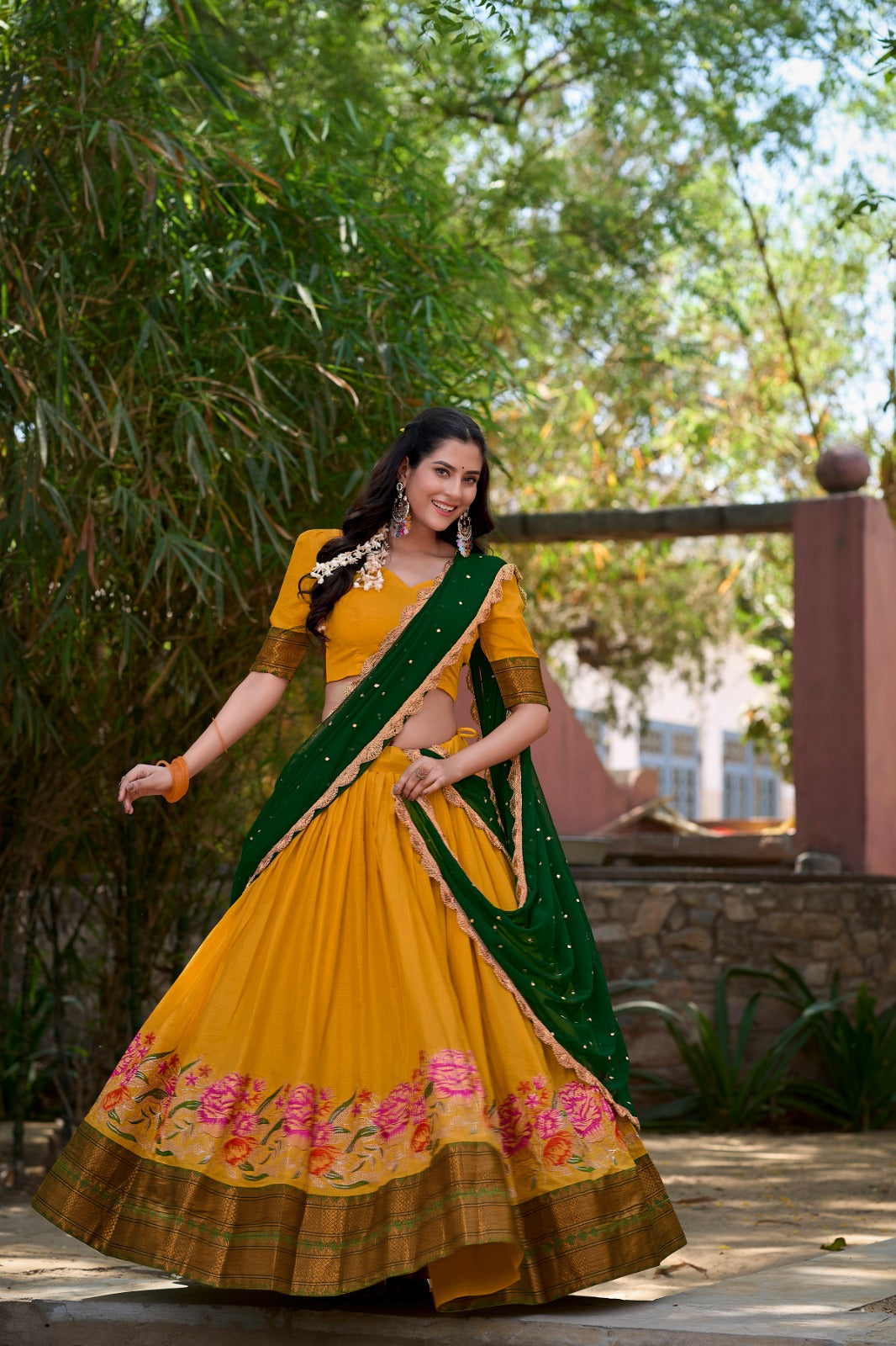Stunning Cotton Silk Lehenga Featuring Detailed Thread Embroidery and a Beautifully Drape Georgette Dupatta.