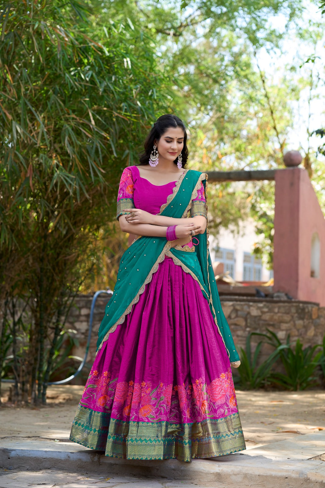 Stunning Cotton Silk Lehenga Featuring Detailed Thread Embroidery and a Beautifully Drape Georgette Dupatta.