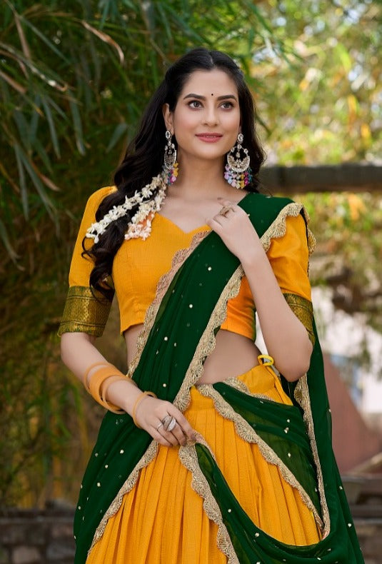 Stunning Cotton Silk Lehenga Featuring Detailed Thread Embroidery and a Beautifully Drape Georgette Dupatta.